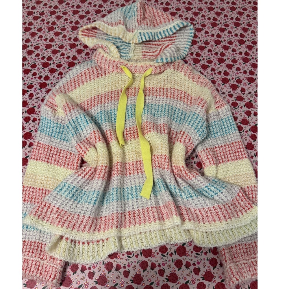 Easel Los Angeles Pastel Rainbow Striped Waffle‎ Knit Hoodie Sweater Womens M d3